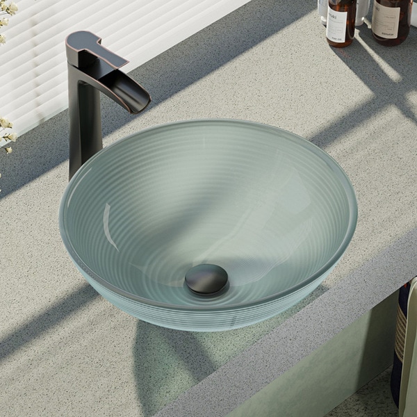 R5-5034-R9-7007 Foil Undertone Glass Vessel Sink with Faucet, Sink Ring, and Pop-up Drain