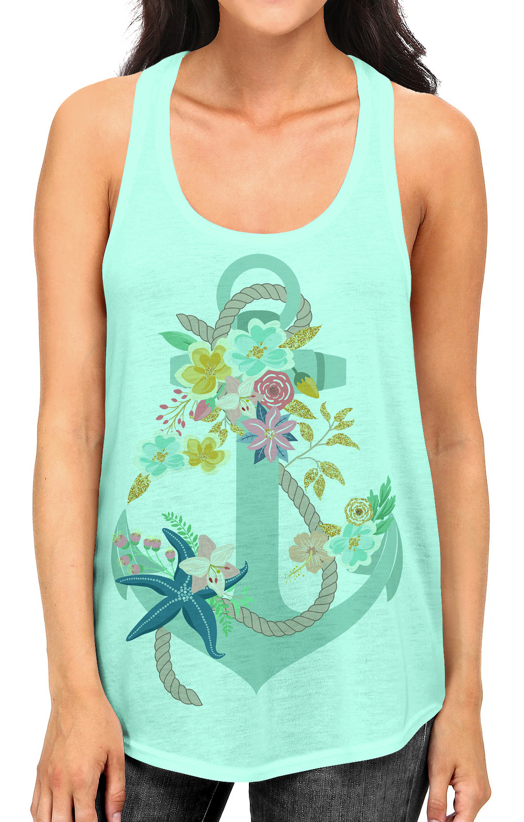 Junior S Floral Sailor Anchor Tee B963 PLY Mint Green Racerback Tank Top X-Large