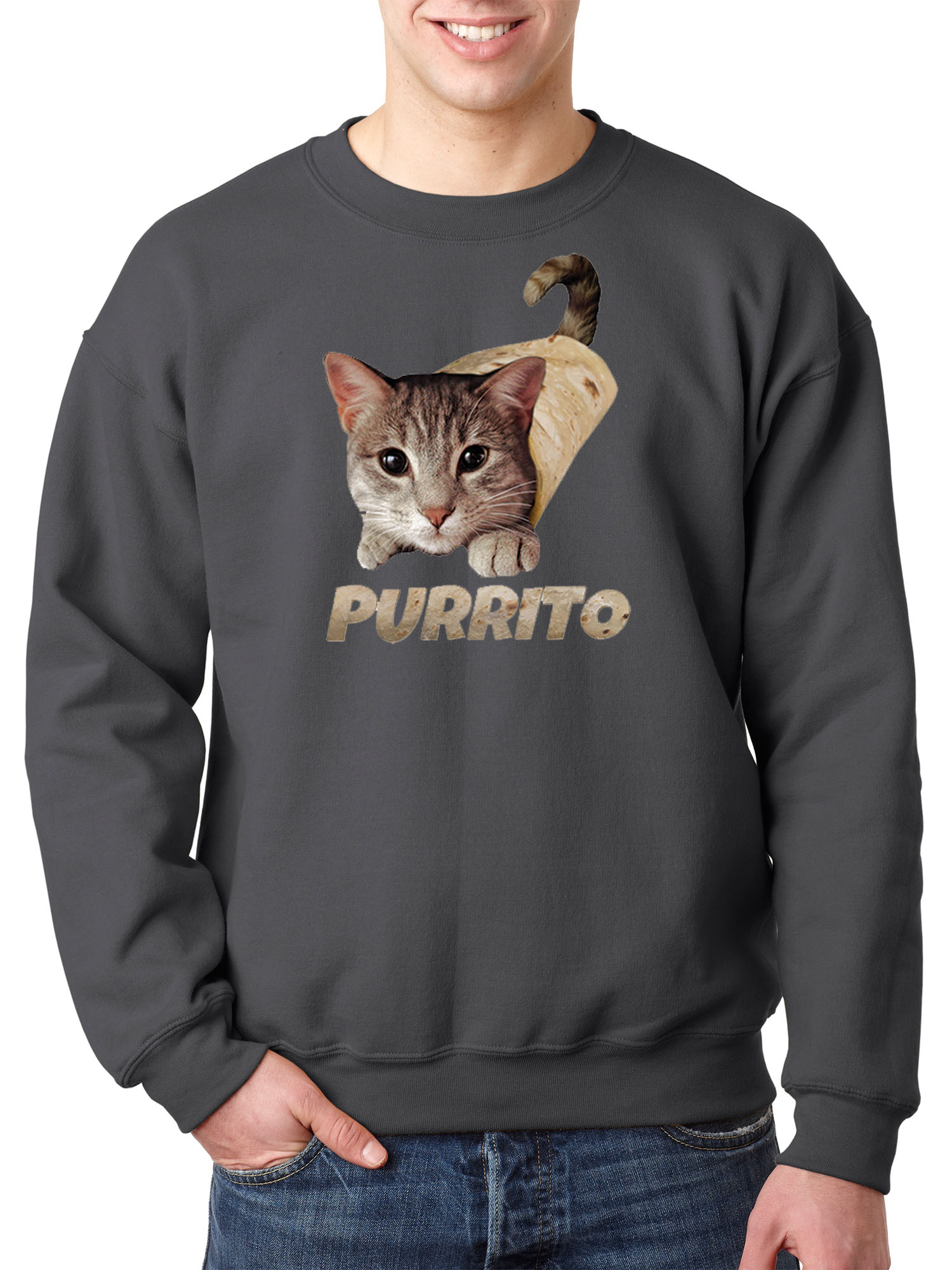 Trendy USA 1507 - Crewneck Purrito Burrito Kitty Cat Lovers Taco Spicy Funny Sweatshirt Medium Charcoal