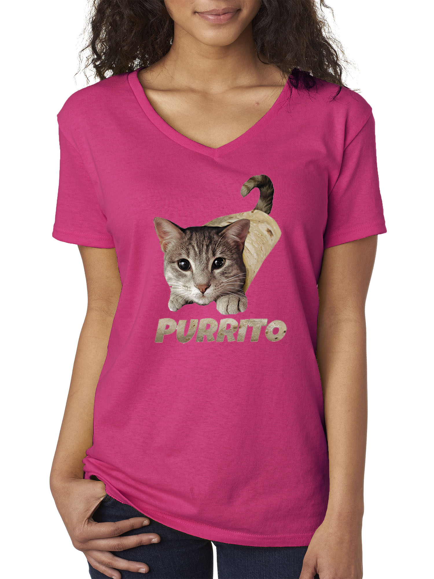 Trendy USA 1507 - Women's V-Neck T-Shirt Purrito Burrito Kitty Cat Lovers Taco Spicy Funny XS Heliconia