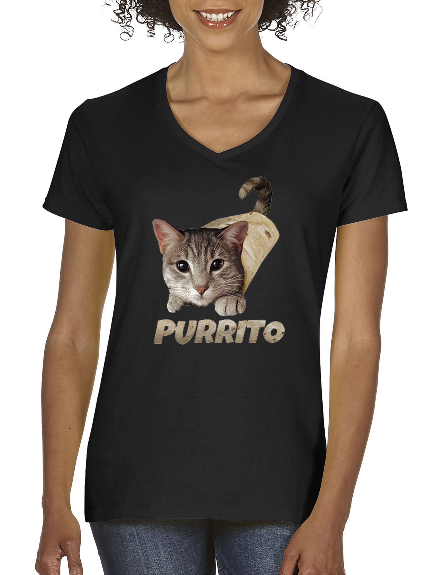 Trendy USA 1507 - Women's V-Neck T-Shirt Purrito Burrito Kitty Cat Lovers Taco Spicy Funny XS Black