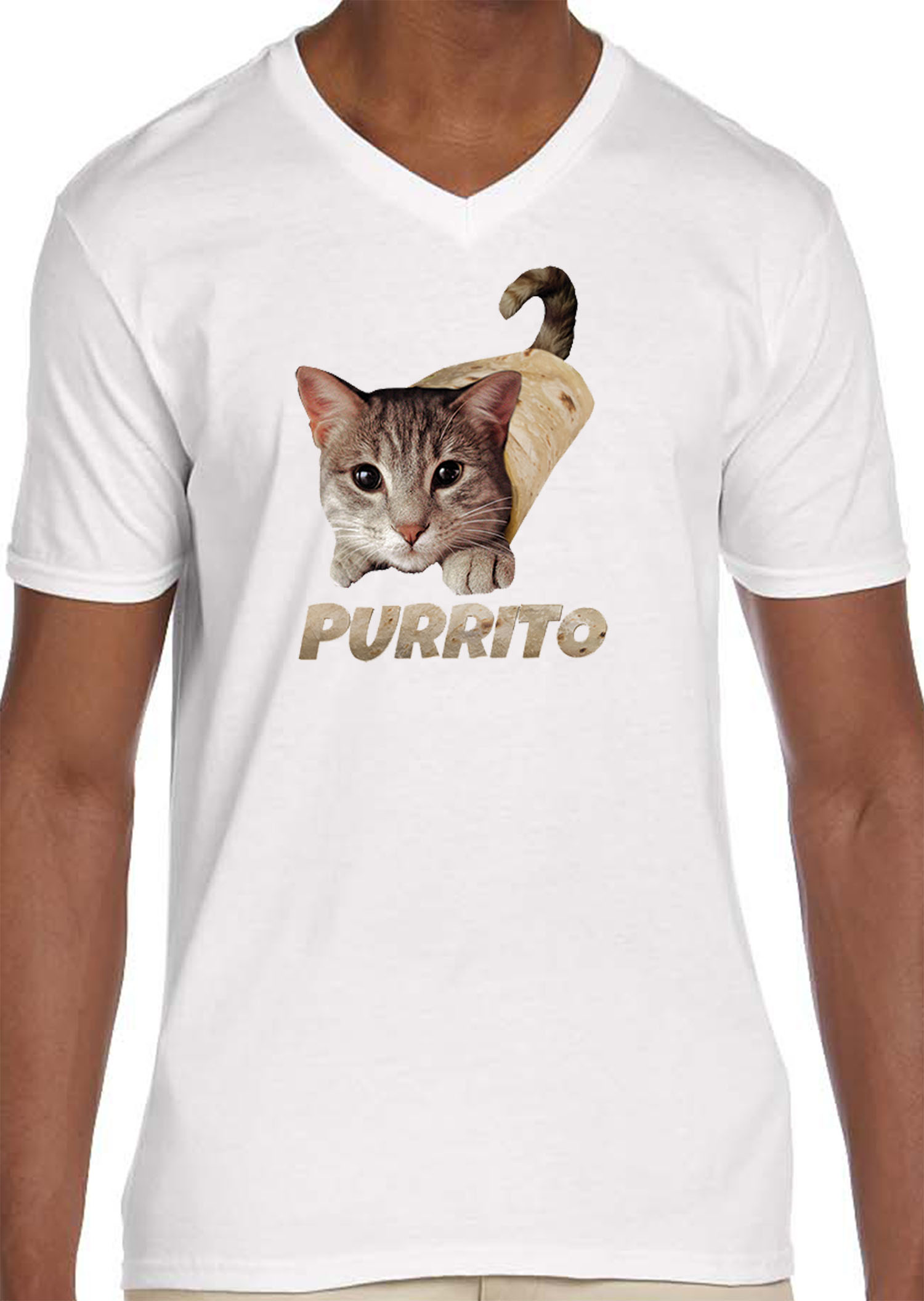 Trendy USA 1507 - Men's V-Neck T-Shirt Purrito Burrito Kitty Cat Lovers Taco Spicy Funny Medium White