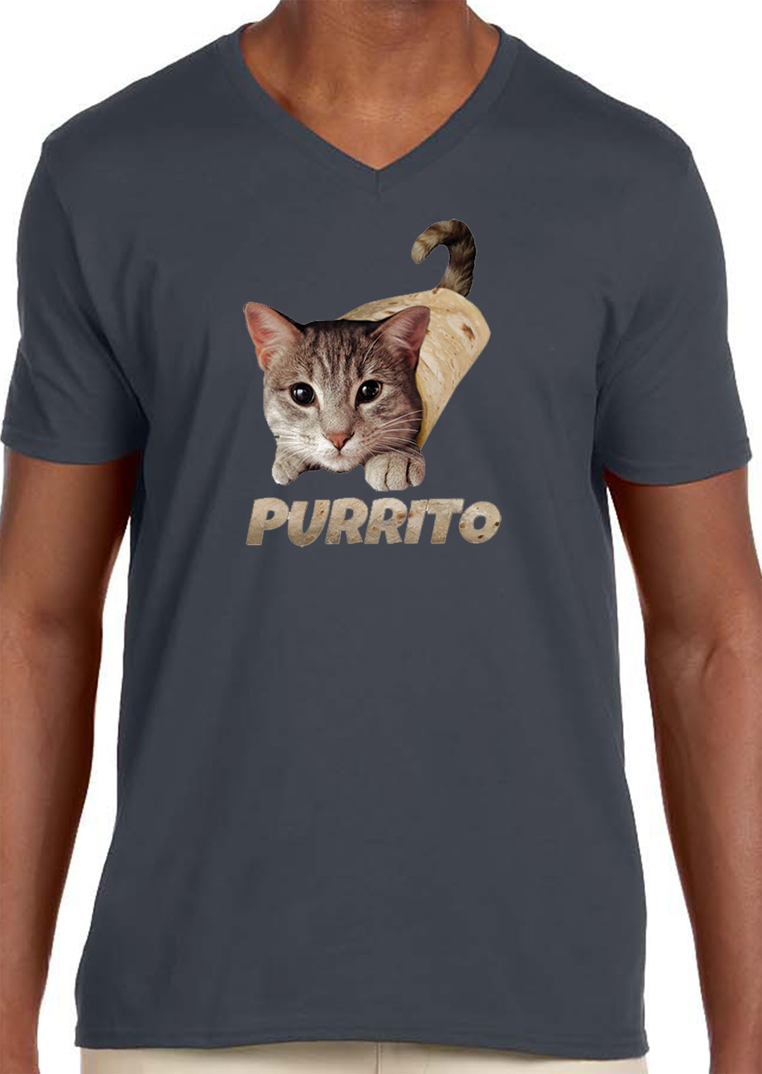 Trendy USA 1507 - Men's V-Neck T-Shirt Purrito Burrito Kitty Cat Lovers Taco Spicy Funny 2XL Charcoal