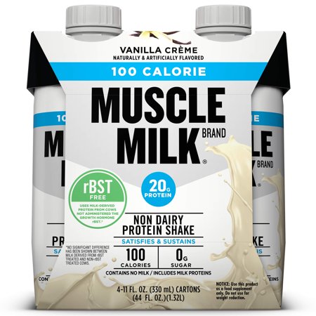 (3 Pack) Muscle Milk 100 Calorie Non-Dairy Protein Shake, Vanilla Creme, 20g Protein, 11 Fl Oz, 4 Ct