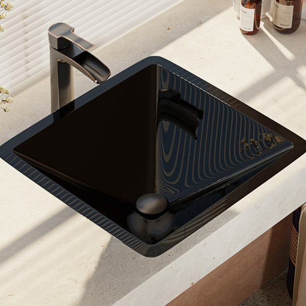 R5-5003-nor-R9-7007 Noir Dark Colored Glass Vessel Sink with Faucet, Sink Ring, and Pop-up Drain