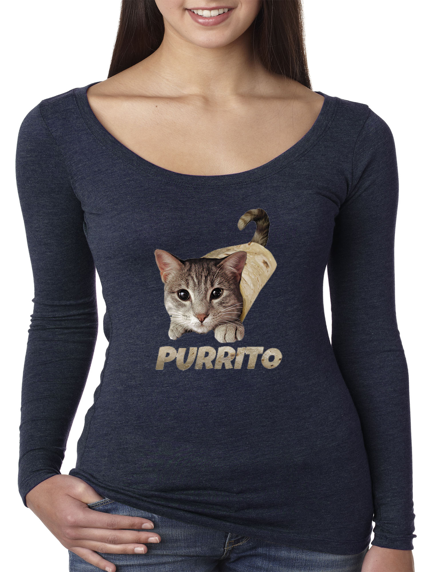 Trendy USA 1507 - Women's Long Sleeve T-Shirt Purrito Burrito Kitty Cat Lovers Taco Spicy Funny Large Navy