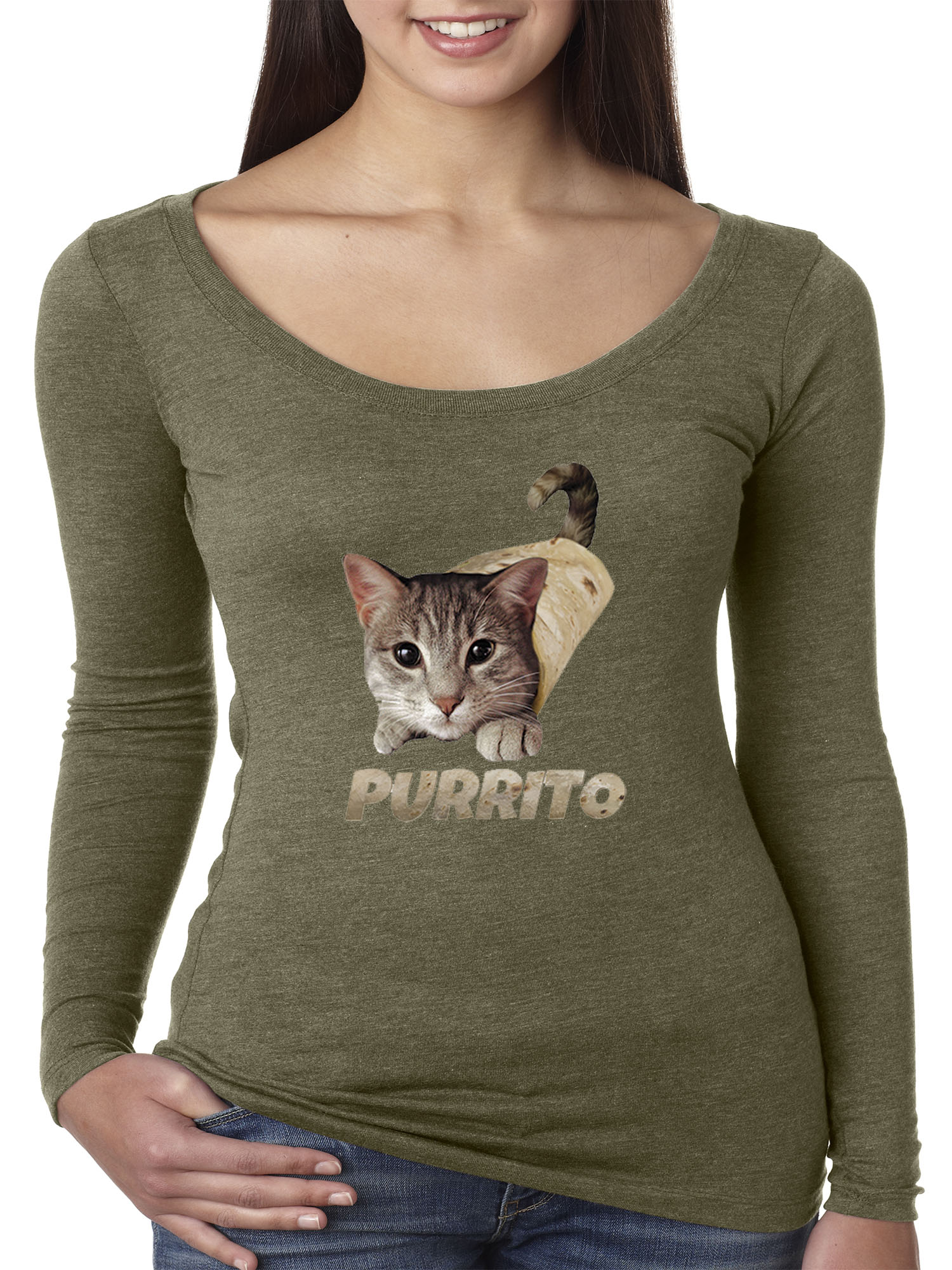 Trendy USA 1507 - Women's Long Sleeve T-Shirt Purrito Burrito Kitty Cat Lovers Taco Spicy Funny 2XL Military Green