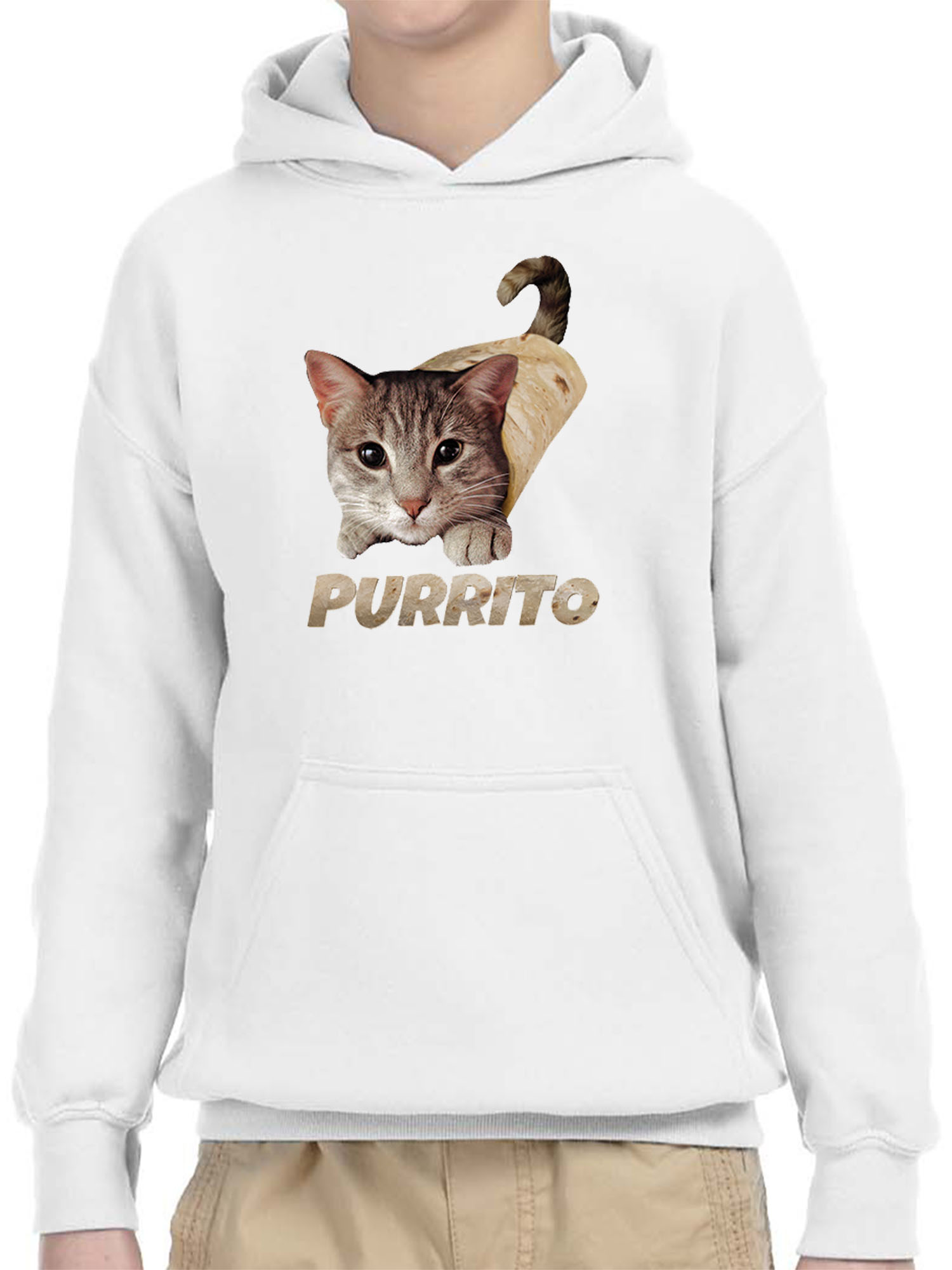 Trendy USA 1507 - Youth Hoodie Purrito Burrito Kitty Cat Lovers Taco Spicy Funny Unisex Pullover Sweatshirt Large White