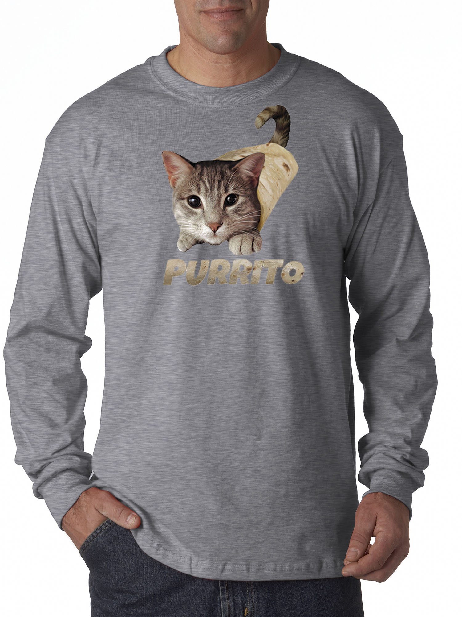 Trendy USA 1507 - Unisex Long-Sleeve T-Shirt Purrito Burrito Kitty Cat Lovers Taco Spicy Funny Small Heather Grey