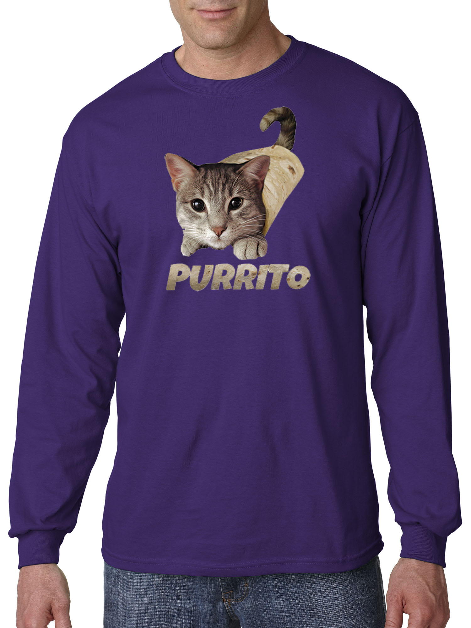 Trendy USA 1507 - Unisex Long-Sleeve T-Shirt Purrito Burrito Kitty Cat Lovers Taco Spicy Funny 2XL Purple