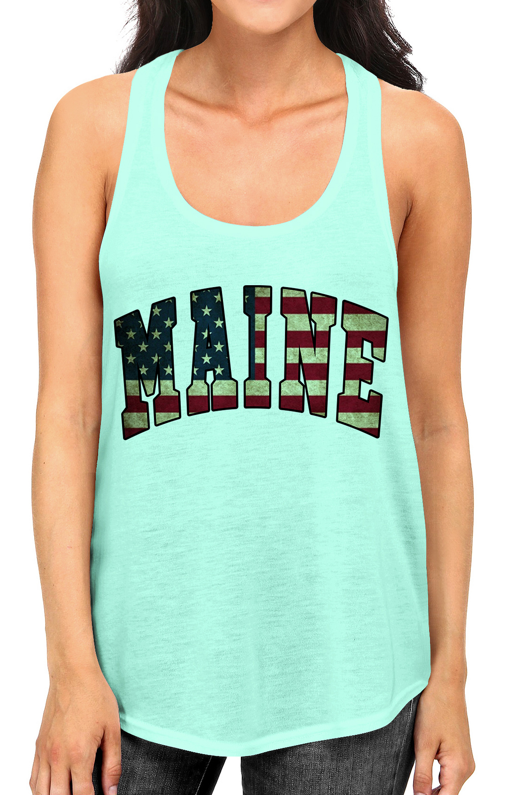 Junior S Maine USA Flag B1564 PLY Mint Racerback Tank Top Large Mint