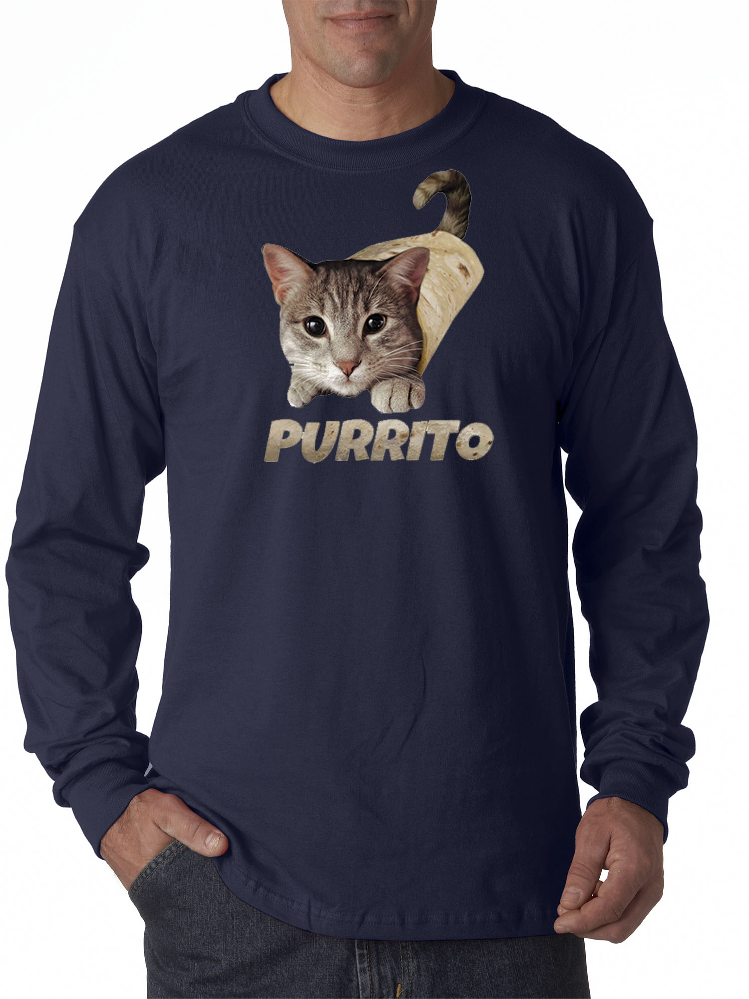Trendy USA 1507 - Unisex Long-Sleeve T-Shirt Purrito Burrito Kitty Cat Lovers Taco Spicy Funny Medium Navy
