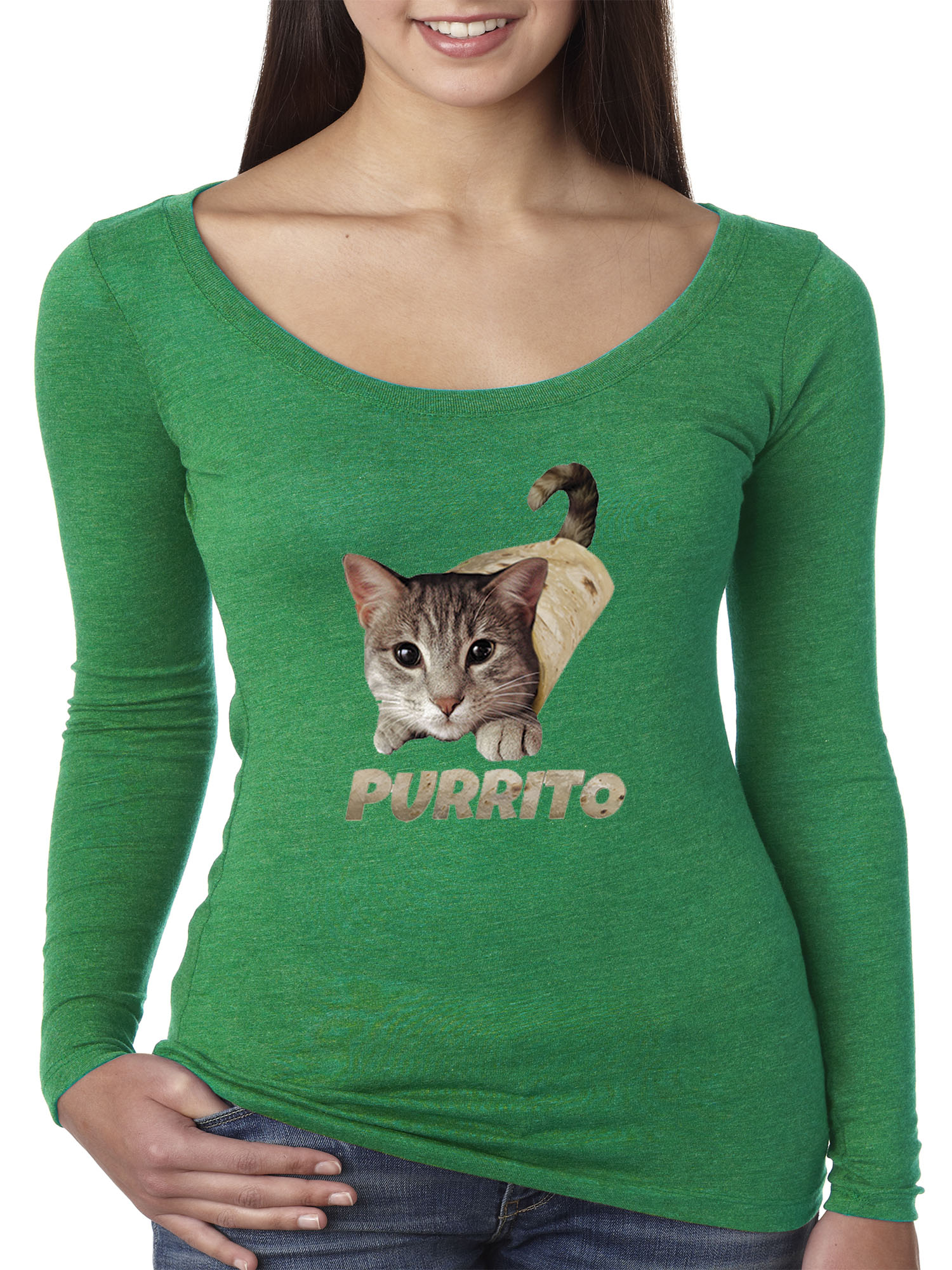Trendy USA 1507 - Women's Long Sleeve T-Shirt Purrito Burrito Kitty Cat Lovers Taco Spicy Funny Small Envy