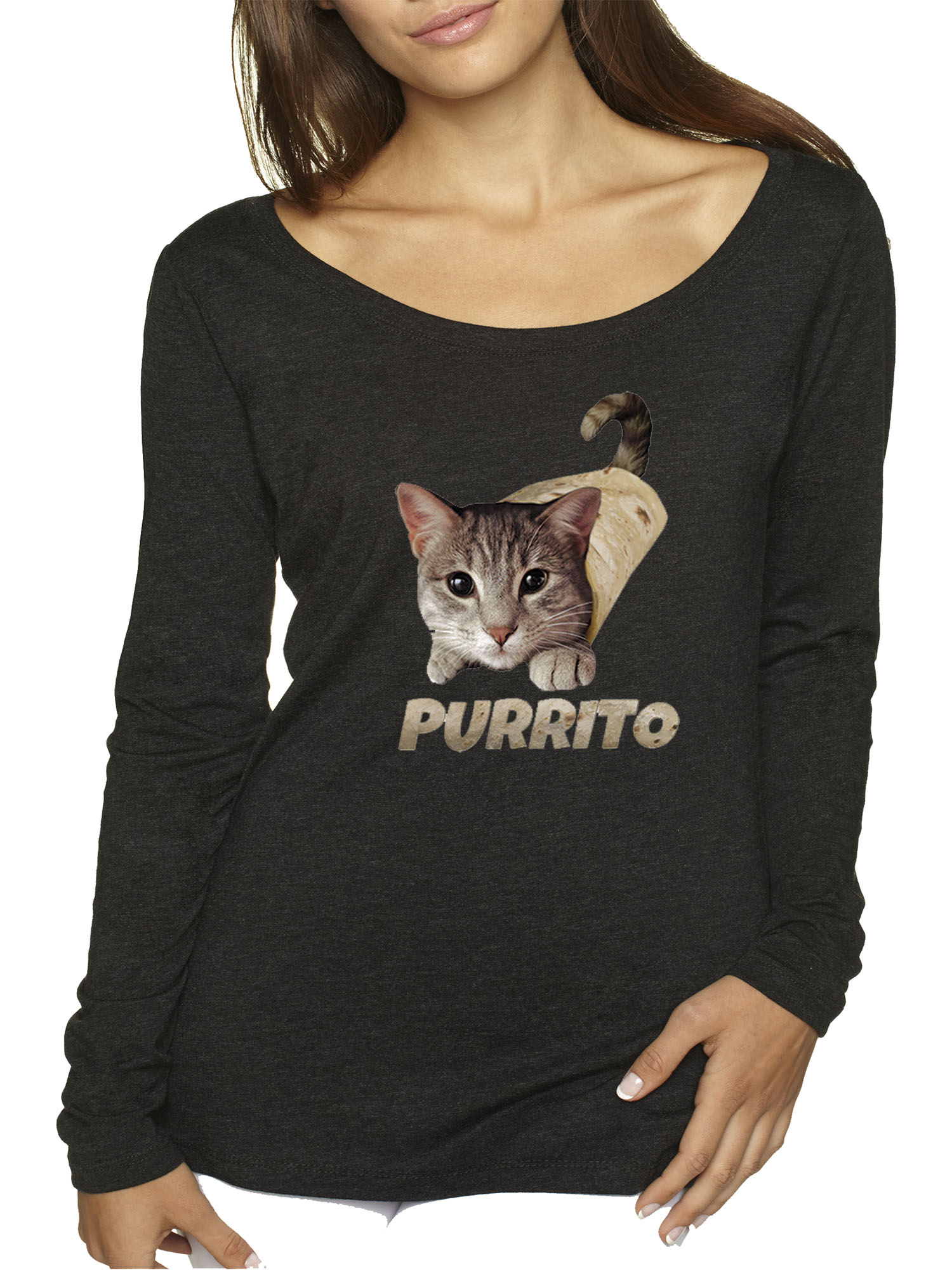 Trendy USA 1507 - Women's Long Sleeve T-Shirt Purrito Burrito Kitty Cat Lovers Taco Spicy Funny XL Black