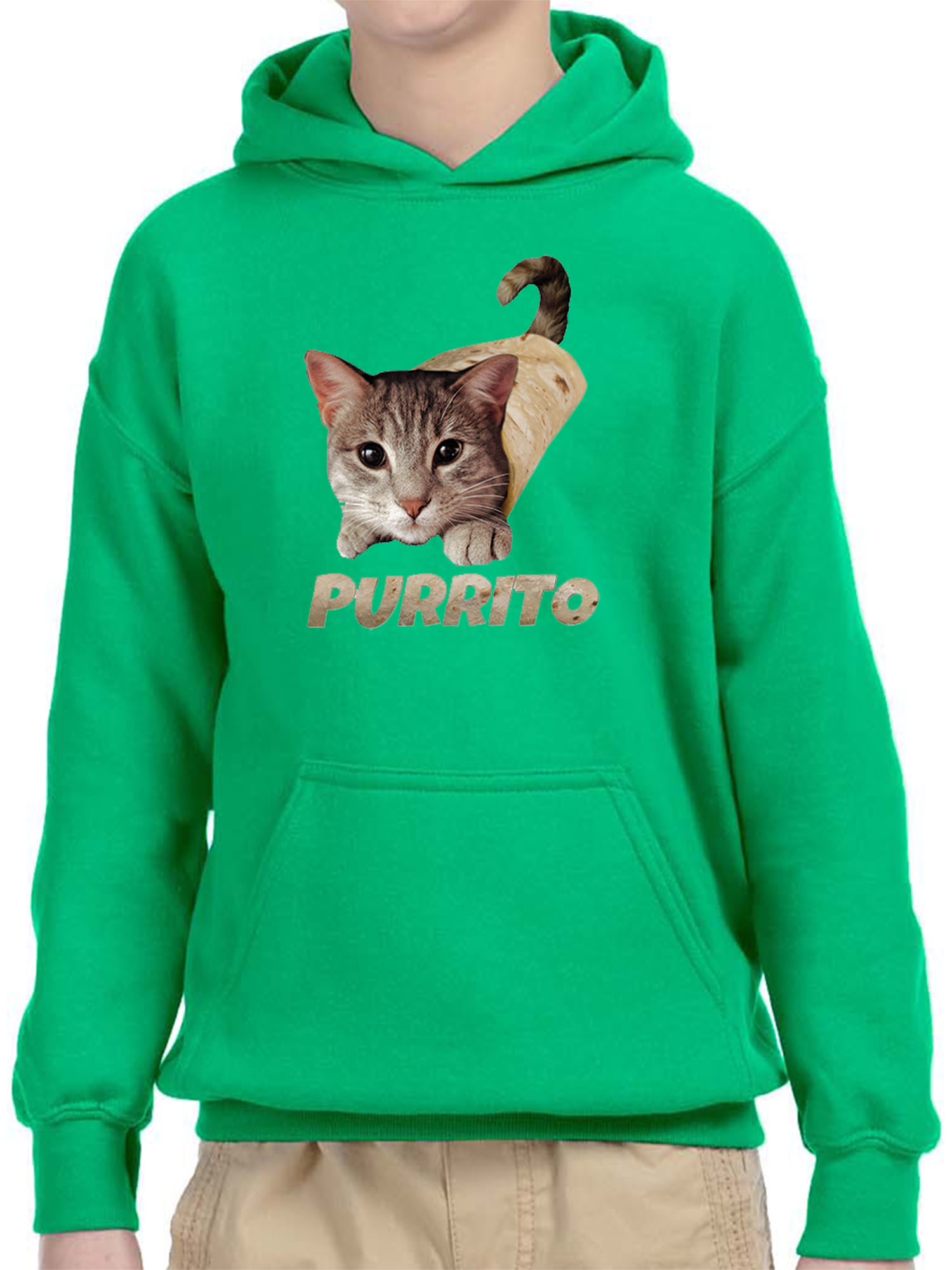 Trendy USA 1507 - Youth Hoodie Purrito Burrito Kitty Cat Lovers Taco Spicy Funny Unisex Pullover Sweatshirt XL Kelly Green