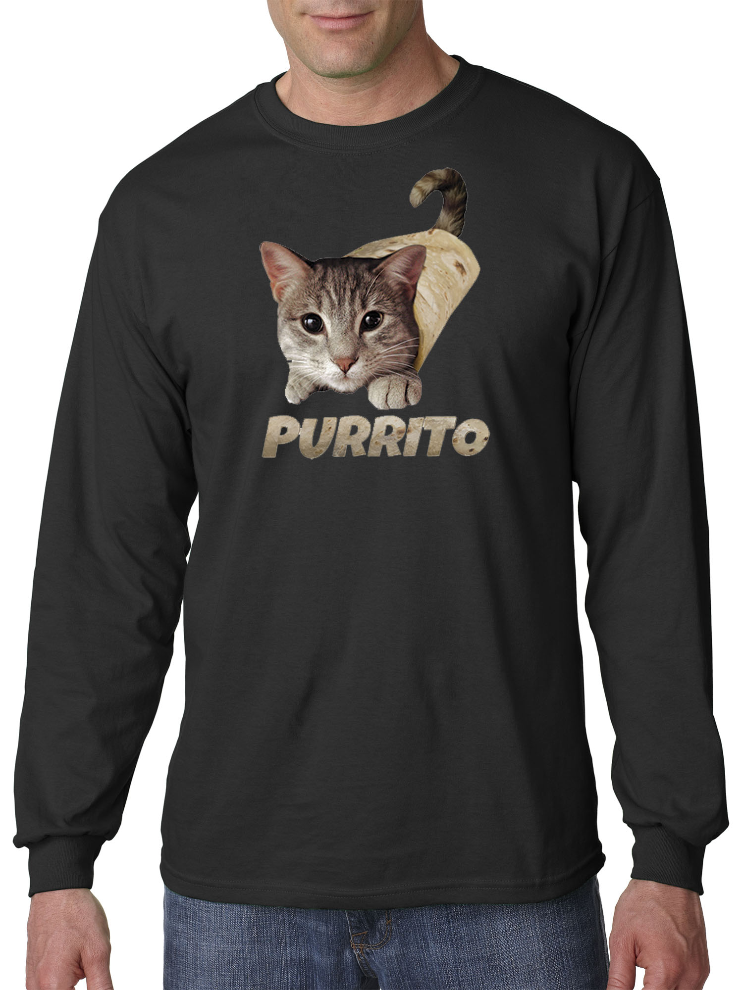 Trendy USA 1507 - Unisex Long-Sleeve T-Shirt Purrito Burrito Kitty Cat Lovers Taco Spicy Funny 2XL Black