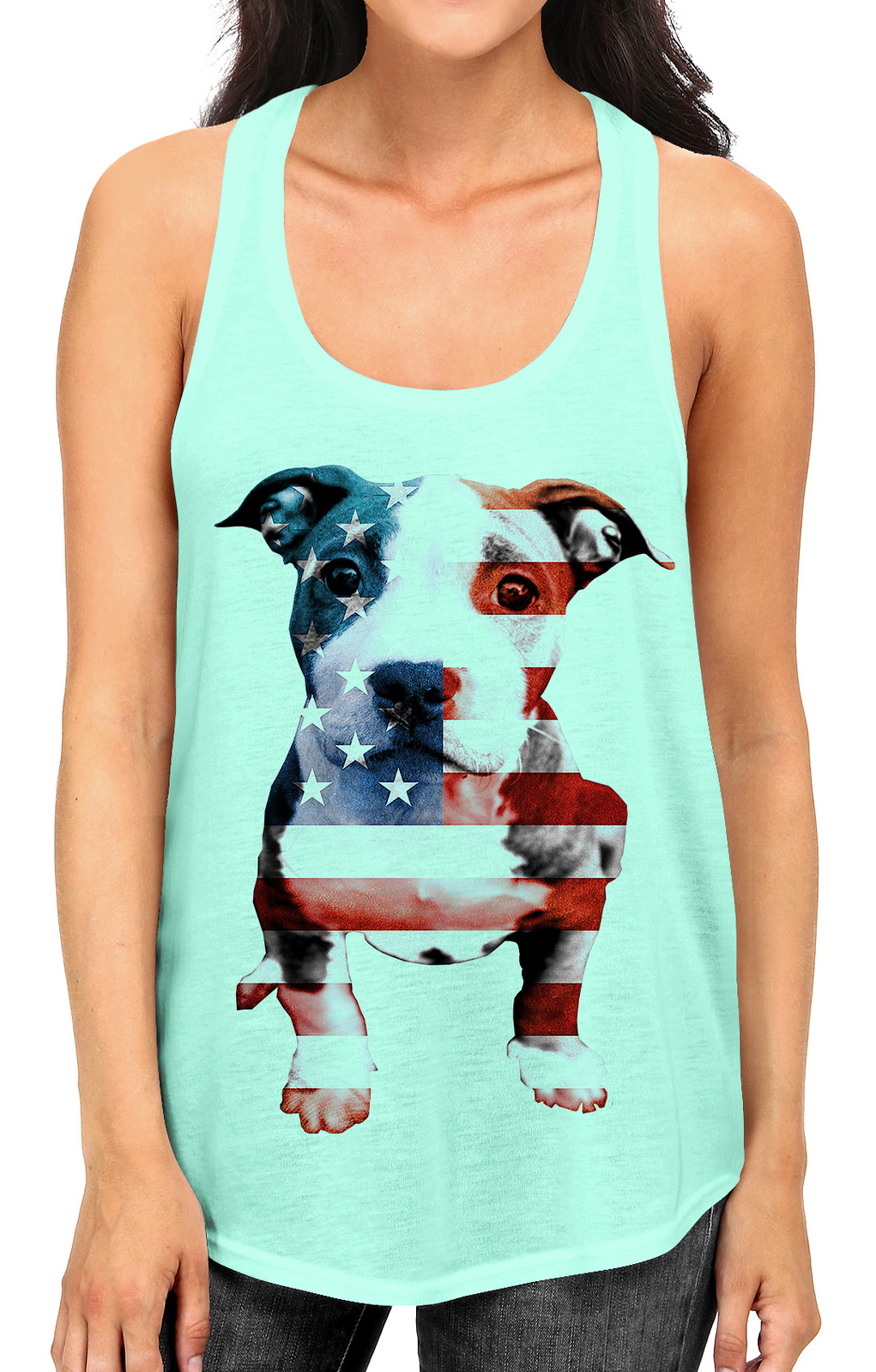 Junior S American Flag Pitbull Puppy B755 Mint Green Racerback Tank Top Large