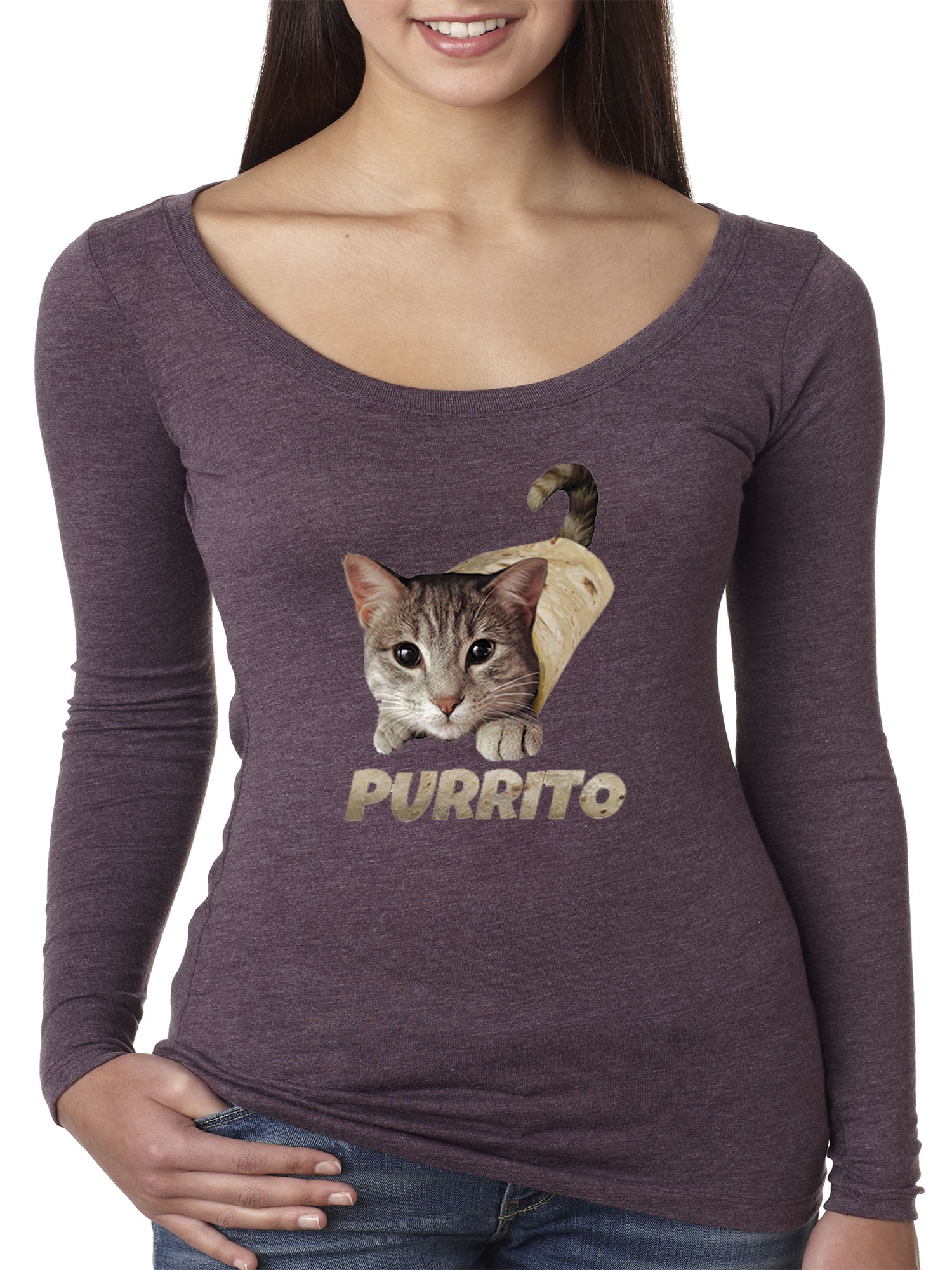Trendy USA 1507 - Women's Long Sleeve T-Shirt Purrito Burrito Kitty Cat Lovers Taco Spicy Funny XL Vintage Purple