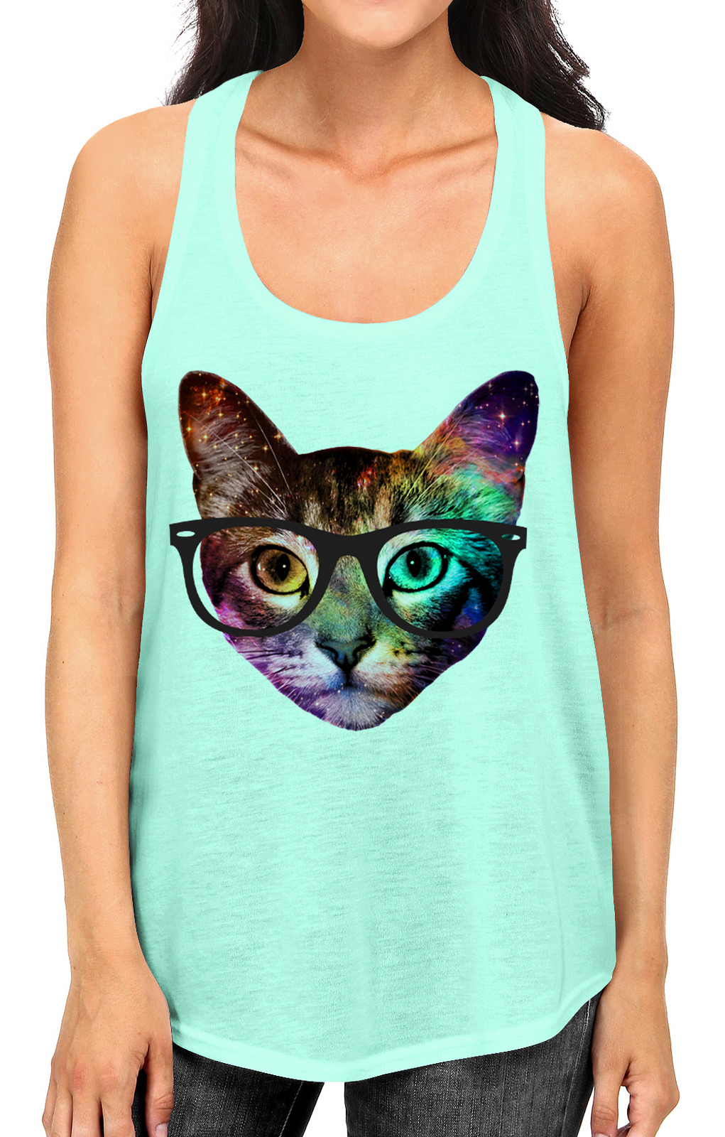 Junior S Galaxy Nerd Cat Head B661 Mint Green Racerback Tank Top X-Large