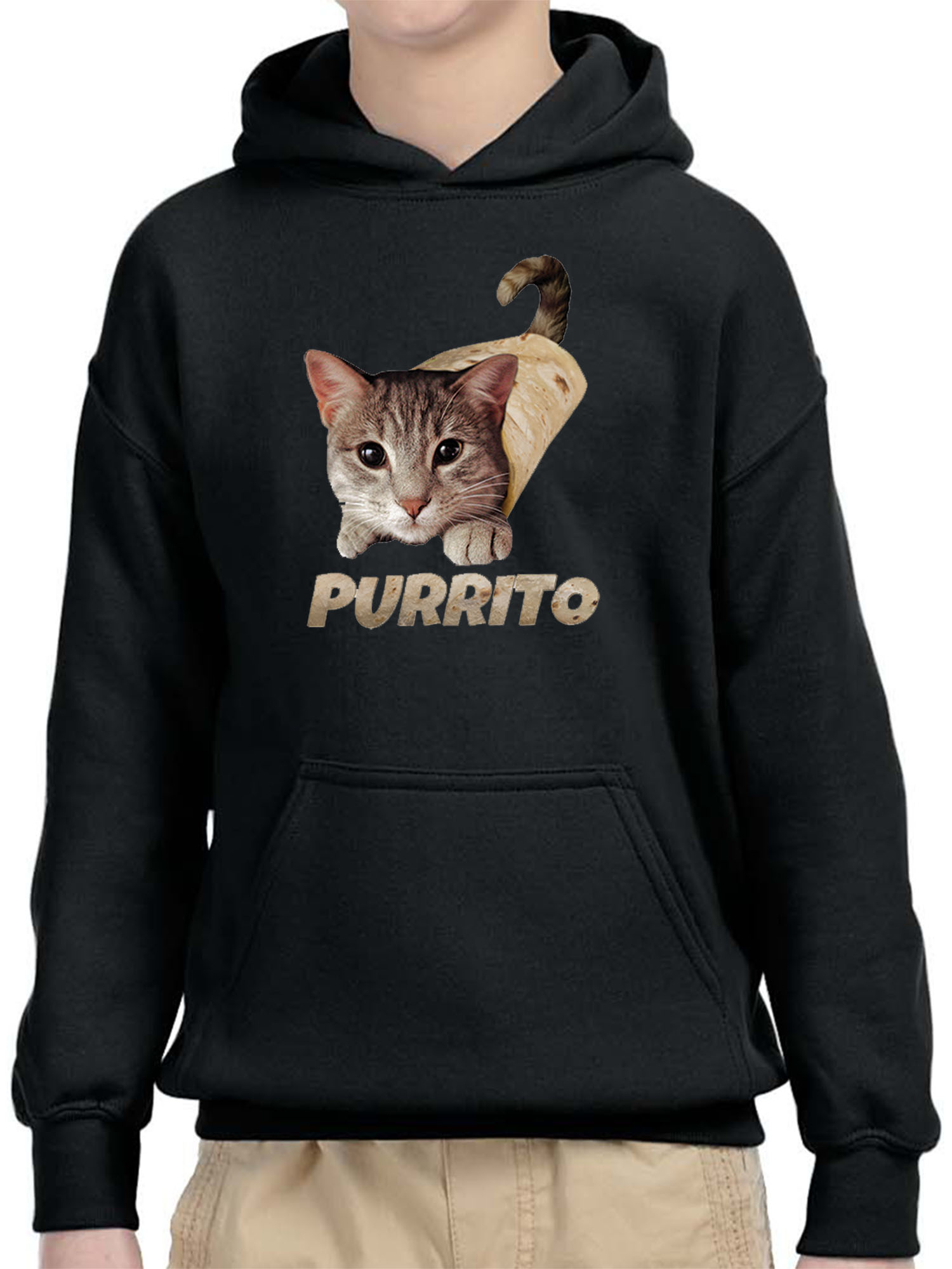 Trendy USA 1507 - Youth Hoodie Purrito Burrito Kitty Cat Lovers Taco Spicy Funny Unisex Pullover Sweatshirt XL Black