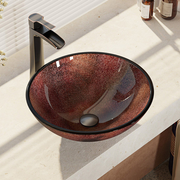 R5-5014-R9-7007 Frosted Glass Vessel Sink with Faucet, Sink Ring, and Pop-up Drain