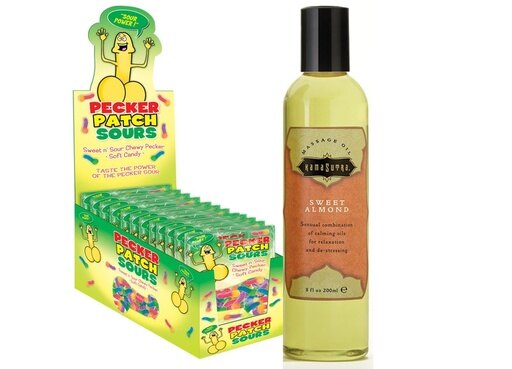 Gift Set of Pecker Patch Sour Gummies (12/DP) and Kama Sutra Massage Oil (8oz Sweet Almond)