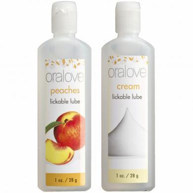 Gift Set of ORALOVE 2 PACK LUBE PEACHES & CREAM and One Package of Trojan Fire and Ice 3 Condoms Total in Package