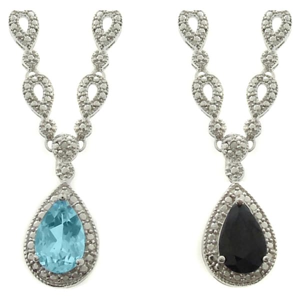 Dolce Giavonna Silverplated Gemstone and Diamond Accent Teardrop Dangle Necklace (Topaz - Blue)