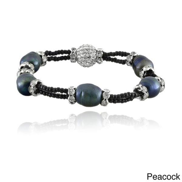 Glitzy Rocks Silvertone FW Pearl and Crystal Stretch Bracelet (11-12 Mm)