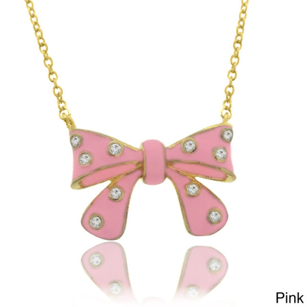 Molly and Emma 18k Gold Overlay Children's CZ and Enamel Bow Necklace