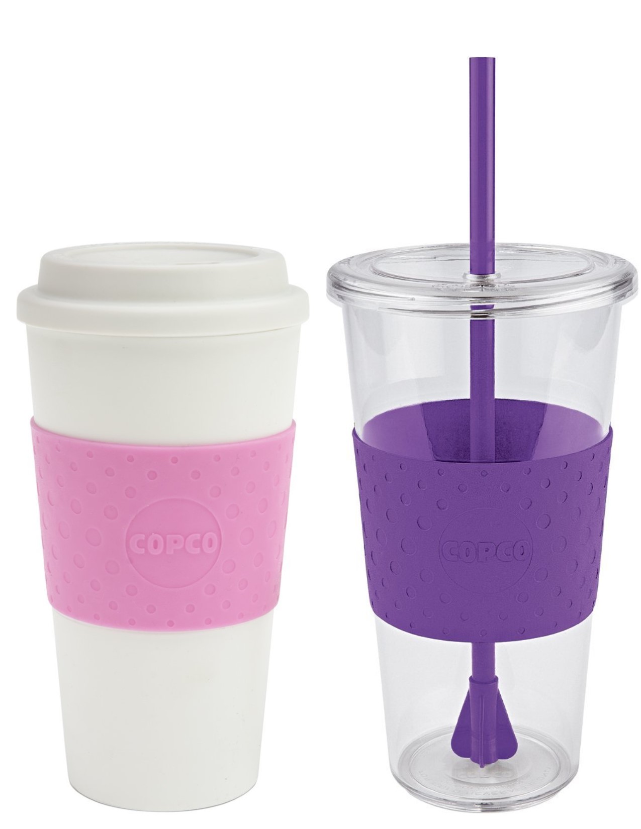 Copco Acadia BPA Free Plastic Reusable 16 Oz Coffee Travel Mug and Sierra Cold Beverage 24 Oz Tumbler Set, Bubble Gum Pink White Purple