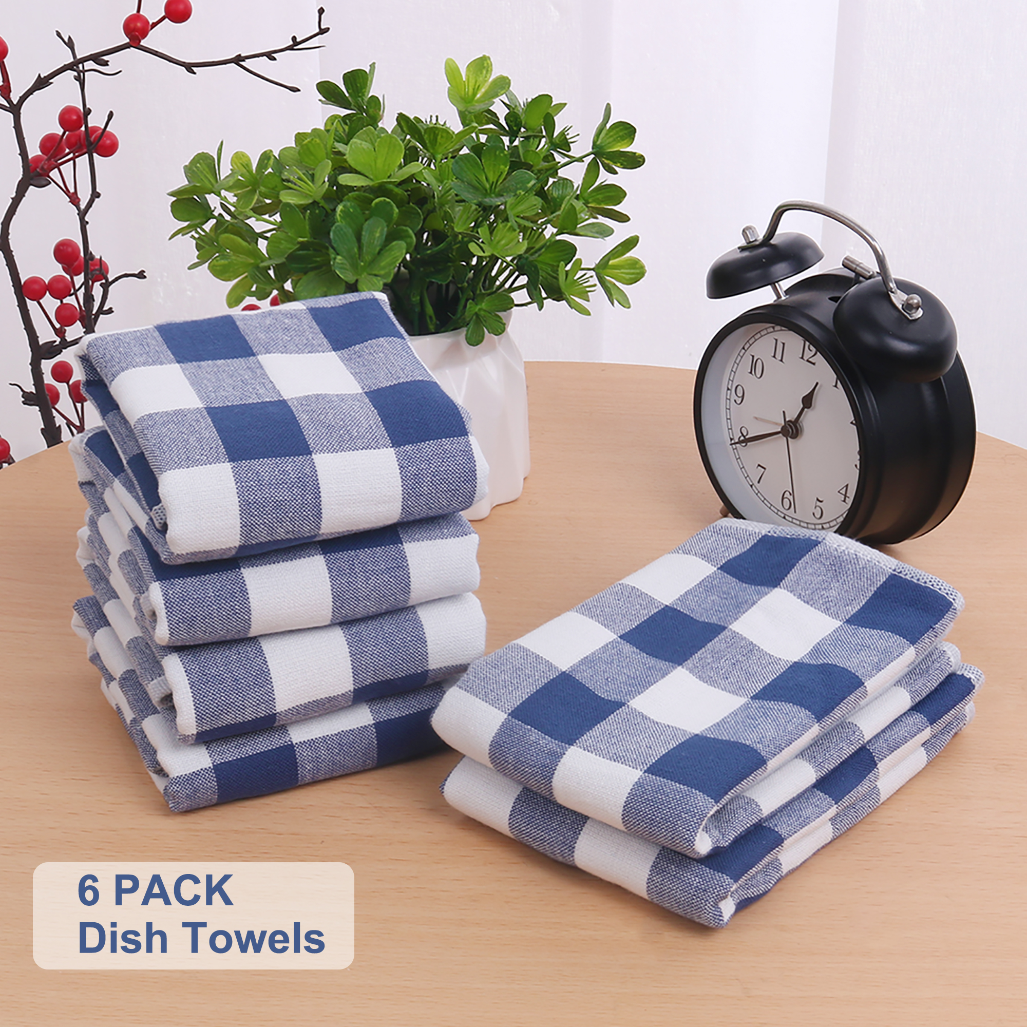 PiccoCasa Absorbent Kitchen Tea Coffee Towel Set – Includes 6 Pcs Dishcloth  100% Cotton  Buffalo Pattern Style  Blue