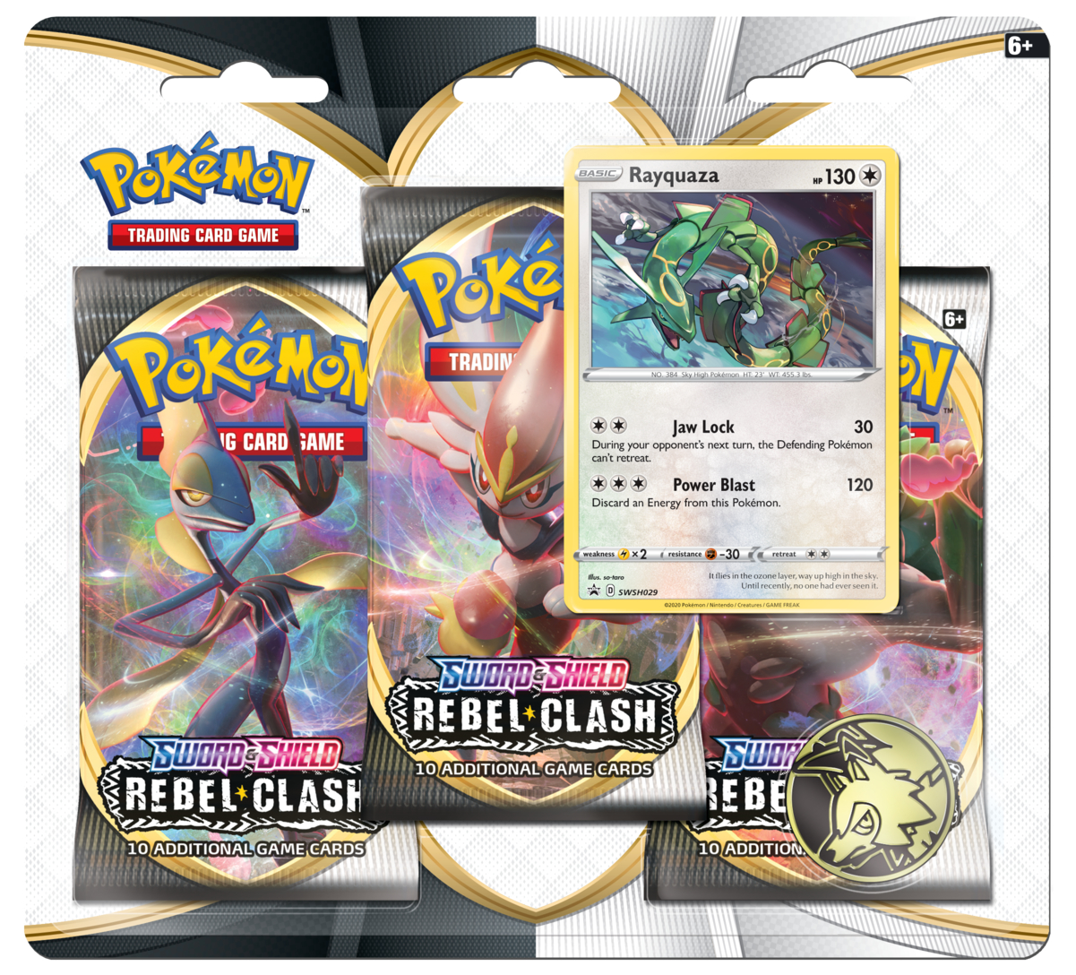 PokÃ©mon TCG:Sword & Shieldâ€”Rebel Clash Three-Booster Blister- Rayquaza Foil Promo Card