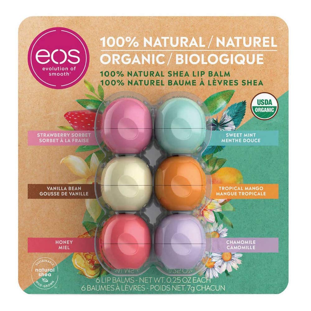 EOS 100% Natural Certified Organic Shea Lip Balm Variety Pack - Strawberry, Sweet Mint, Vanilla Bean, Tropical Mango, Honey & Chamomile