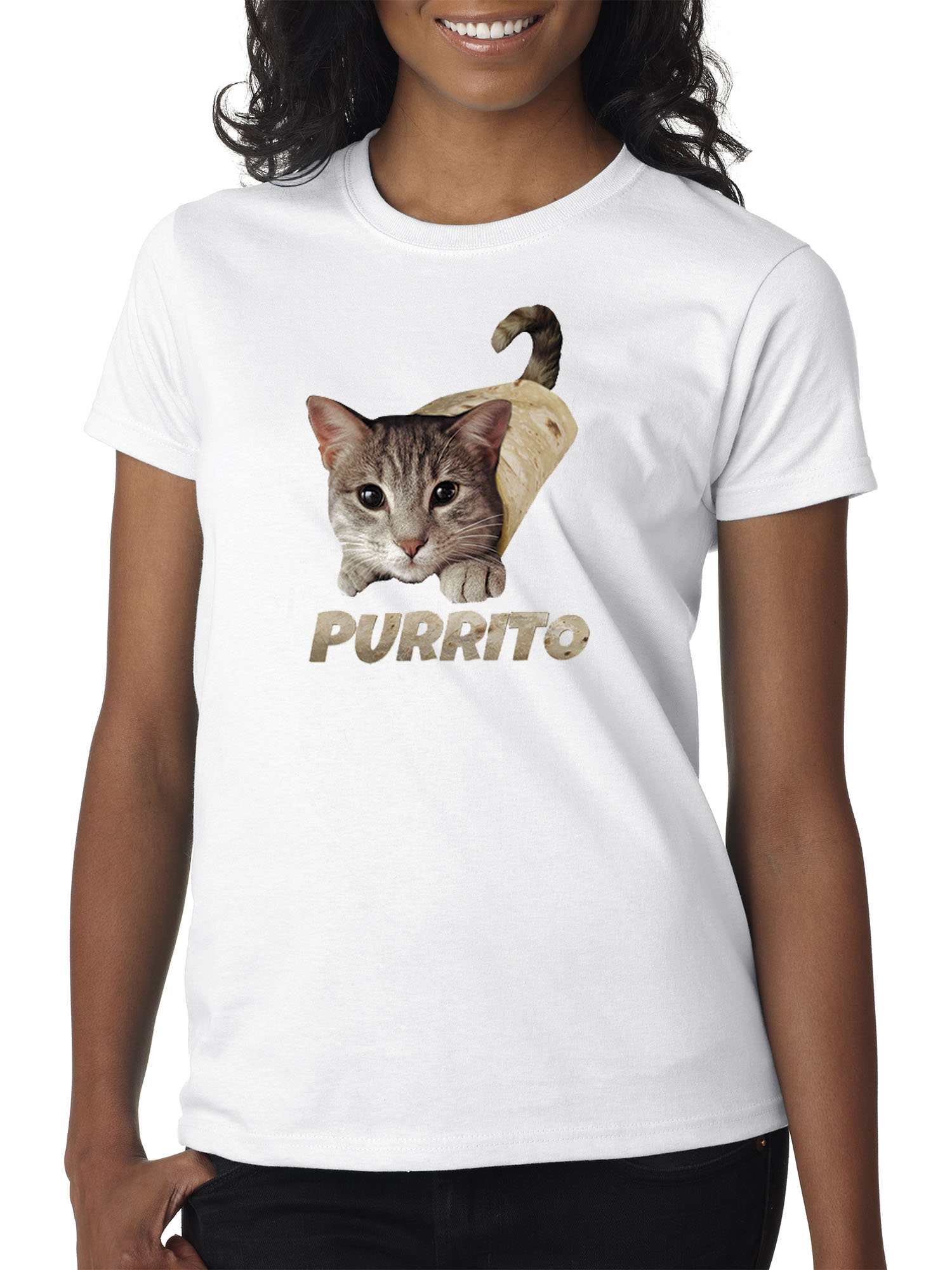 Trendy USA 1507 - Women's T-Shirt Purrito Burrito Kitty Cat Lovers Taco Spicy Funny XS White