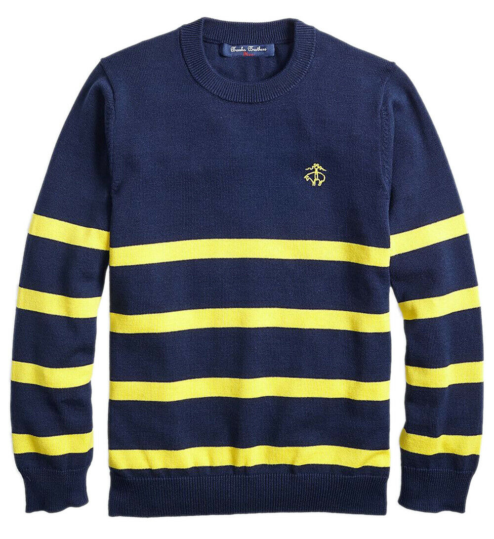 New Brooks Brothers Boys Fleece Youth Navy with Yellow Stripes Sweater  Sz L  9862-1