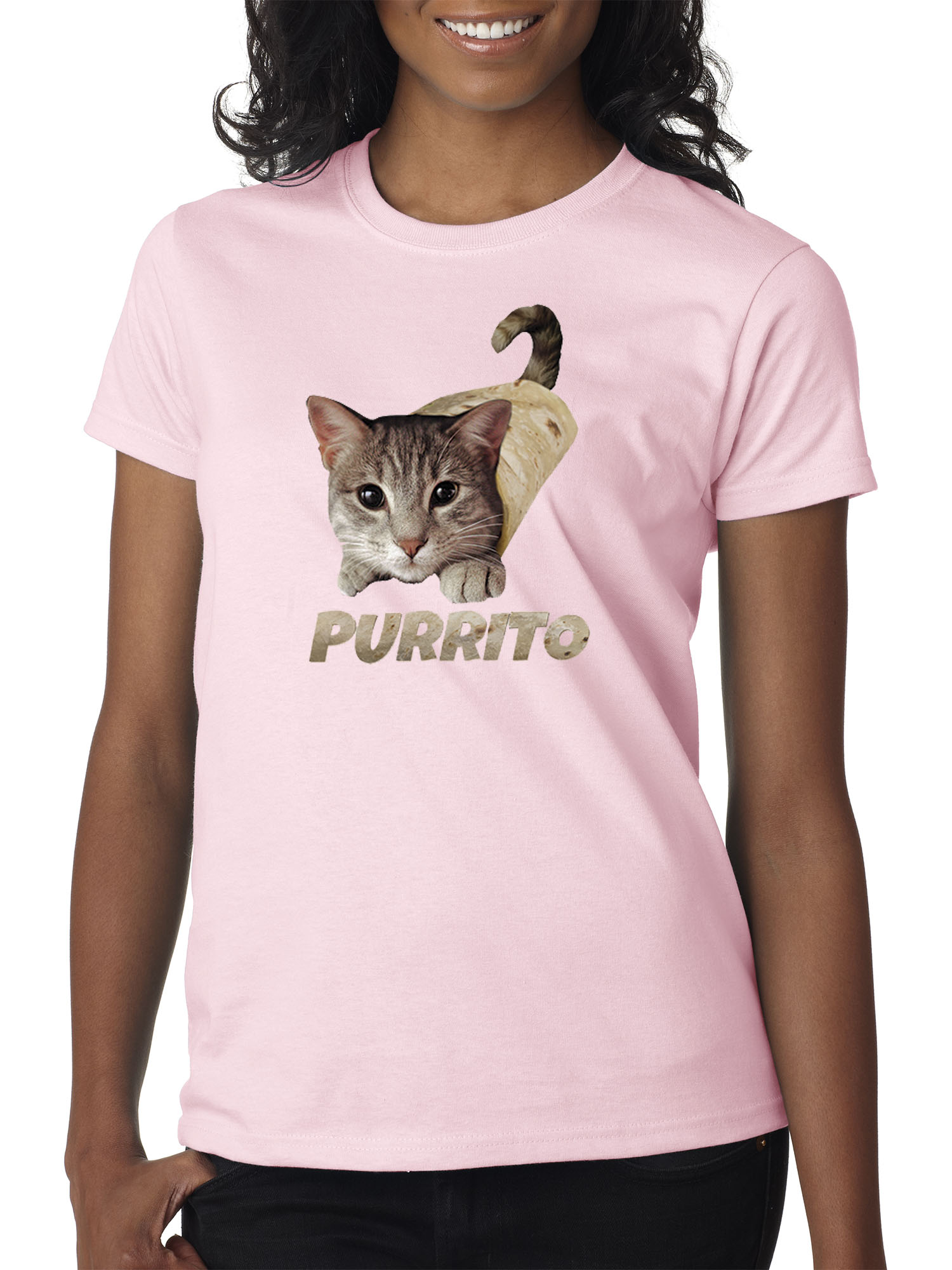 Trendy USA 1507 - Women's T-Shirt Purrito Burrito Kitty Cat Lovers Taco Spicy Funny Small Light Pink