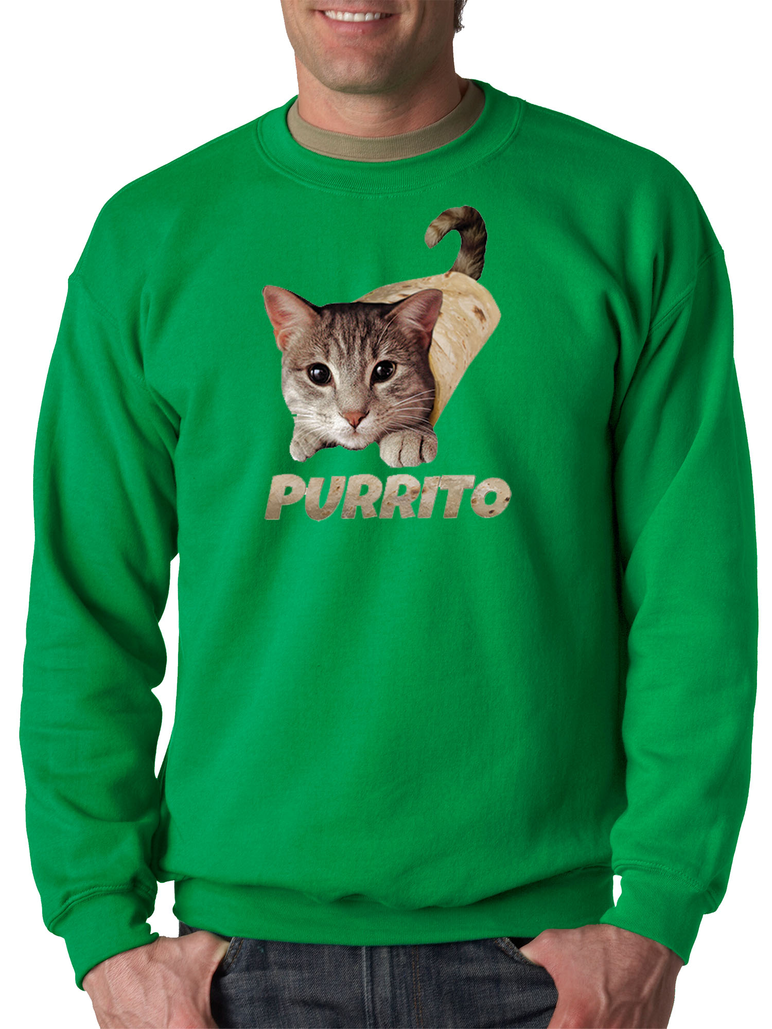 Trendy USA 1507 - Crewneck Purrito Burrito Kitty Cat Lovers Taco Spicy Funny Sweatshirt 4XL Kelly Green