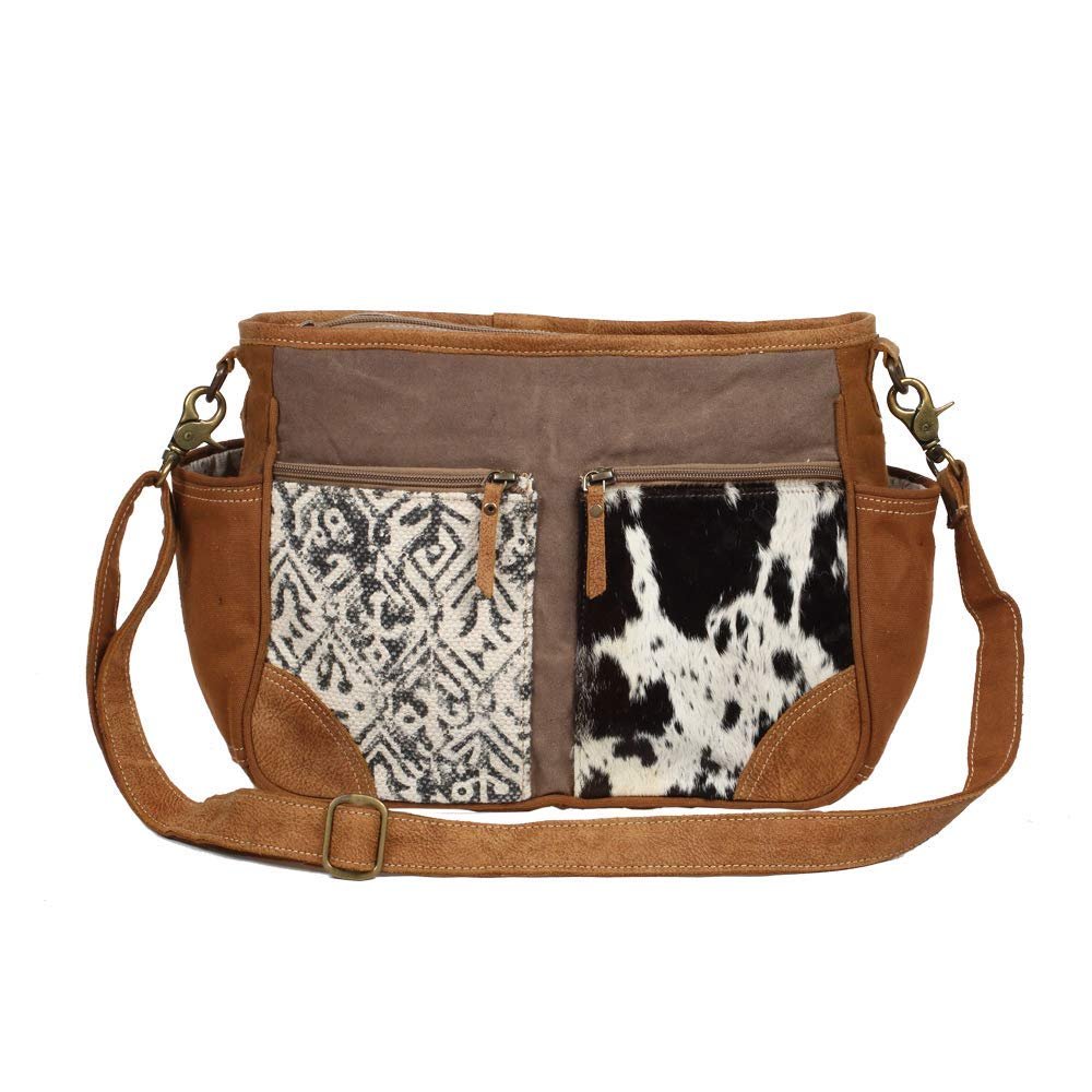 Myra Bag Two-Tone Upcycled Canvas & Cowhide Leather Messenger Bag S-1229