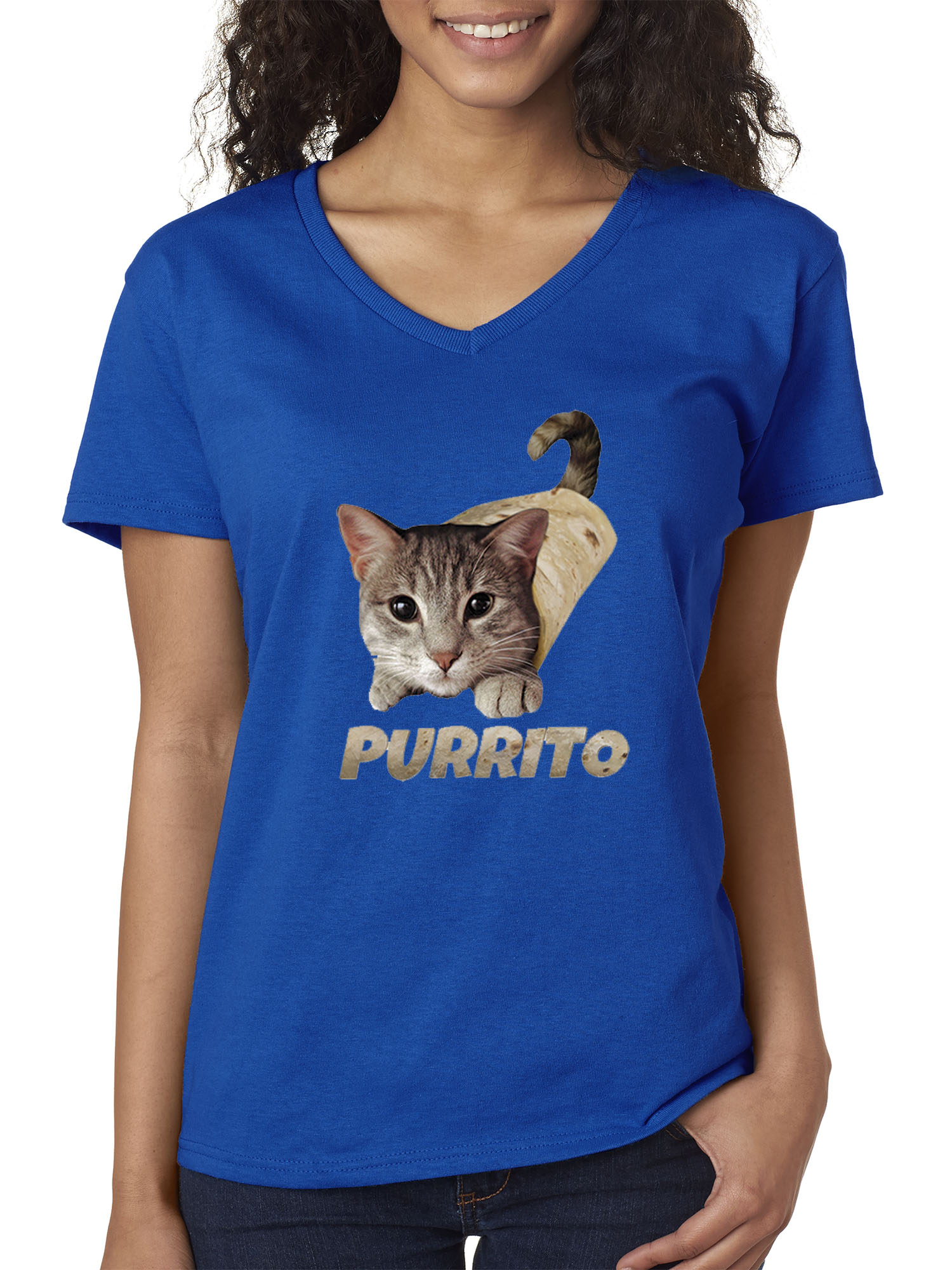 Trendy USA 1507 - Women's V-Neck T-Shirt Purrito Burrito Kitty Cat Lovers Taco Spicy Funny XS Royal Blue