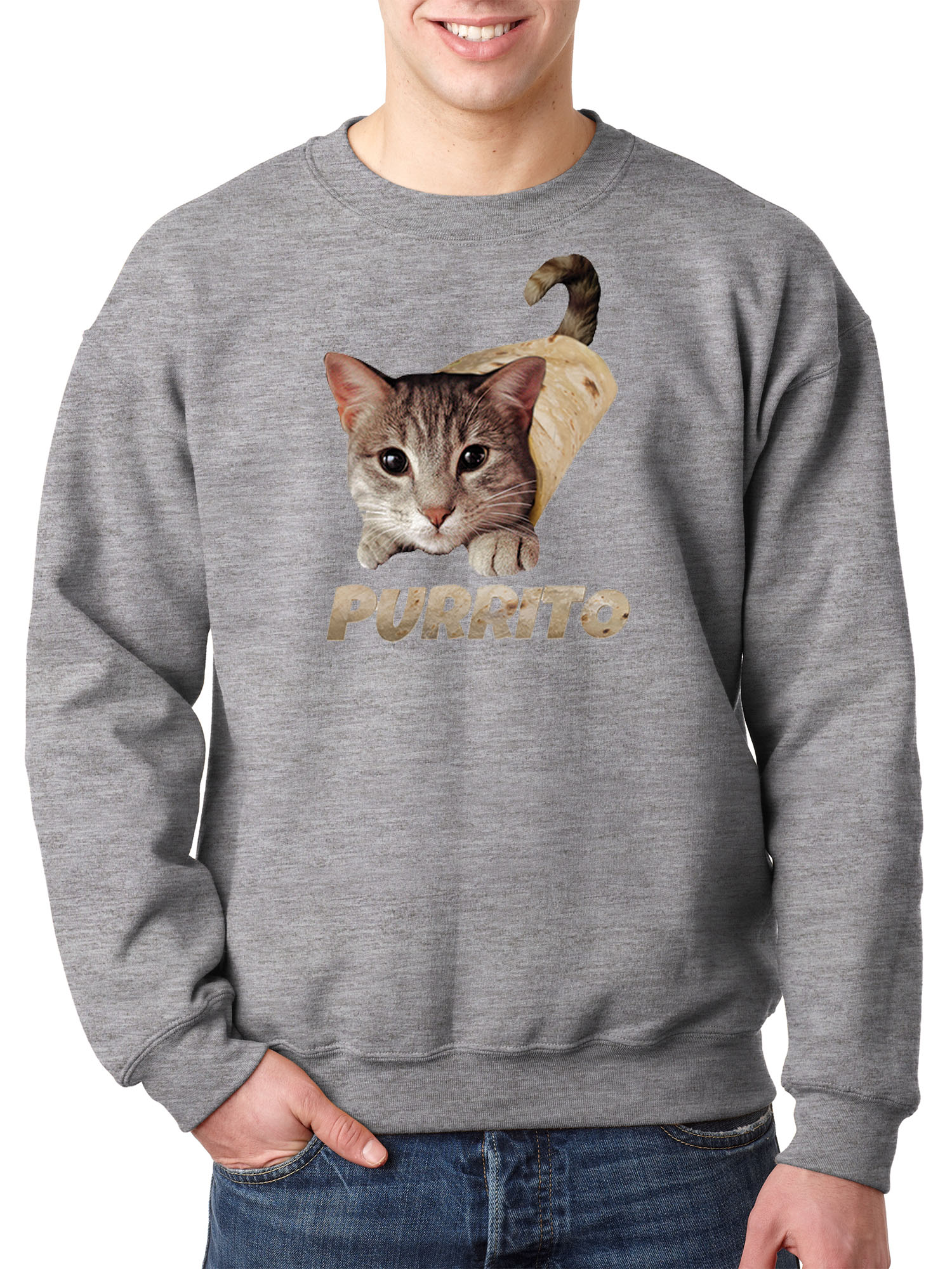 Trendy USA 1507 - Crewneck Purrito Burrito Kitty Cat Lovers Taco Spicy Funny Sweatshirt Medium Heather Grey