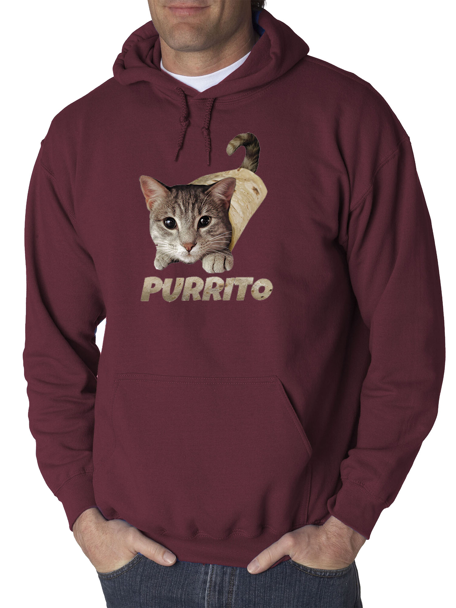 Trendy USA 1507 - Adult Hoodie Purrito Burrito Kitty Cat Lovers Taco Spicy Funny Sweatshirt Medium Maroon