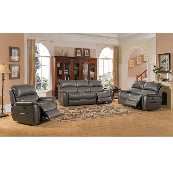 Otis Grey Top Grain Leather Lay Flat Reclining Sofa, Loveseat, and Chair Set