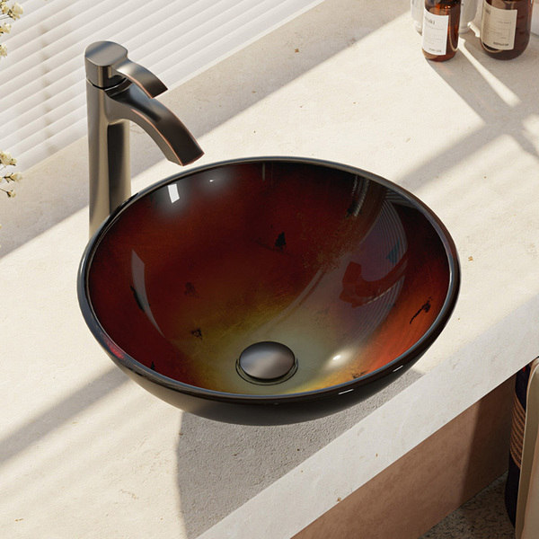R5-5007-R9-7006 Foil Undertone Glass Vessel Sink with Faucet, Sink Ring, and Pop-up Dr
