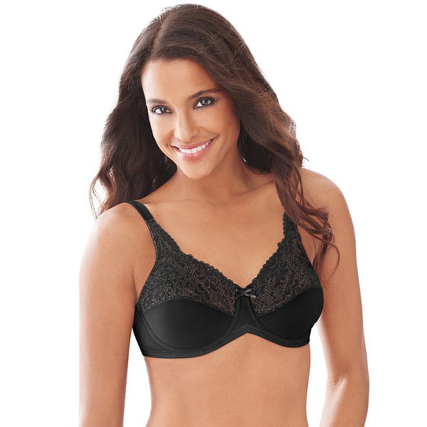 Lilyette Women's Tailored Black Nylon/Spandex Minimizer Bra with Lace Trim