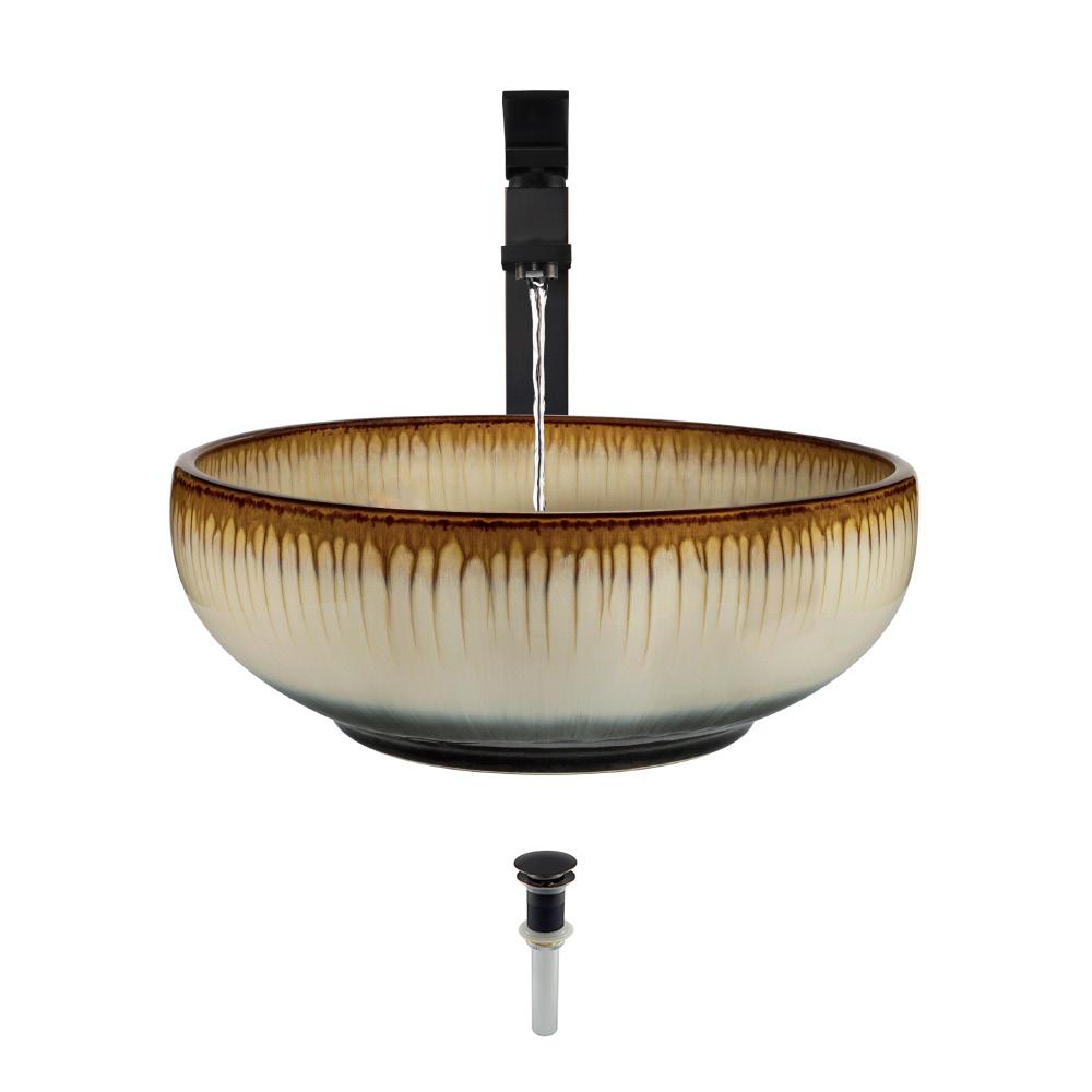 MR Direct Ceramic Vessel Sink in White and Black with 721 Faucet and Pop-up Drain in Antique Bronze