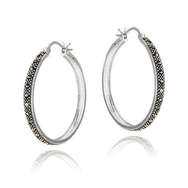 Glitzy Rocks Sterling Silver Marcasite Hoop Earrings