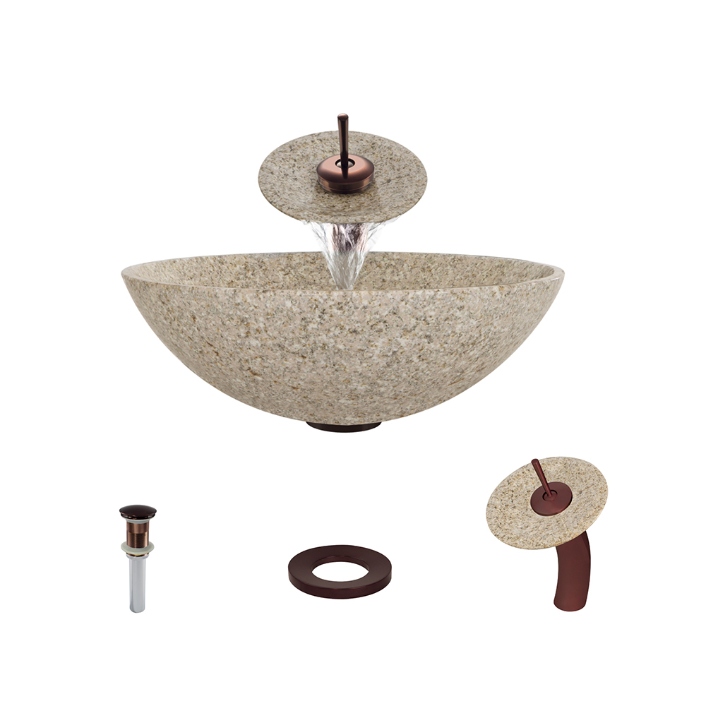 MR Direct Stone Vessel Sink in Honed Basalt Tan Granite with Waterfall Faucet and Pop-up Drain in Oil Rubbed Bronze