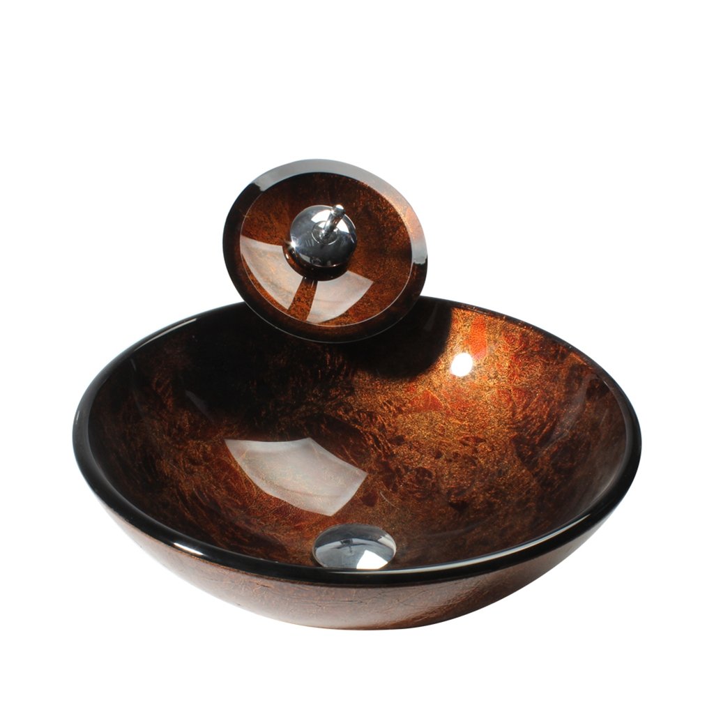 Arsumo Brown Circular Glass Vessel Bathroom Sink Set - Faucet  Pop-up Drain and Mounting Ring
