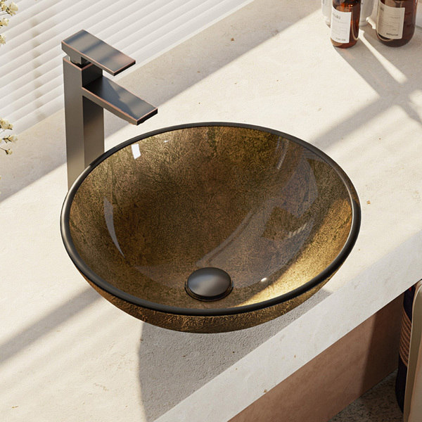 R5-5035-R9-7003 Foil Undertone Glass Vessel Sink with Faucet, Sink Ring, and Pop-up Drain
